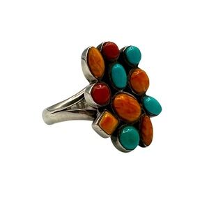 O.T Vintage Navajo Sterling Silver Turquoise Shell & Coral Ring SZ 8 Ring 8.82g